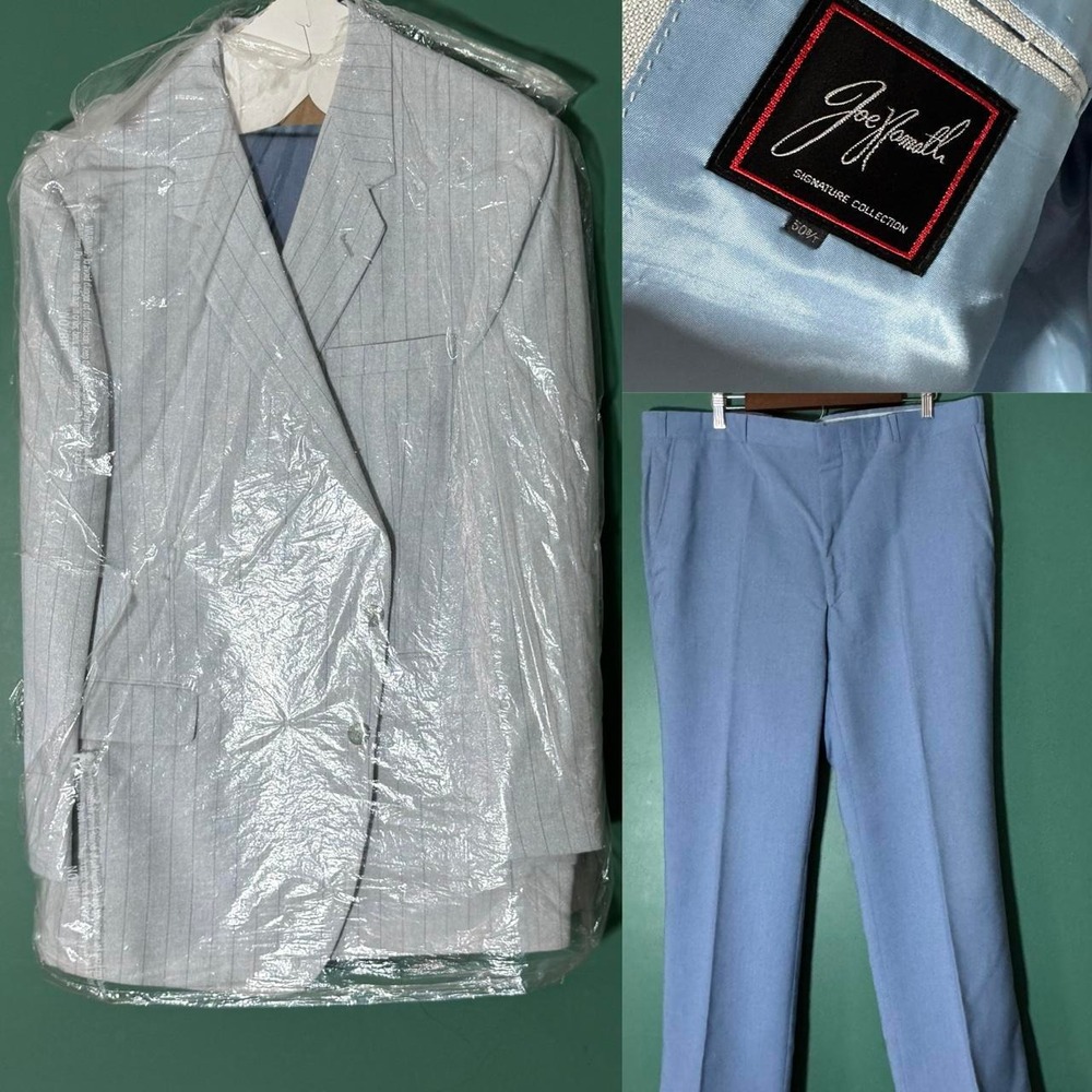 Vintage Joe Namath Pinstripe Suit Mens Blue Grey Wool Blend 2 Piece Set 50 42R